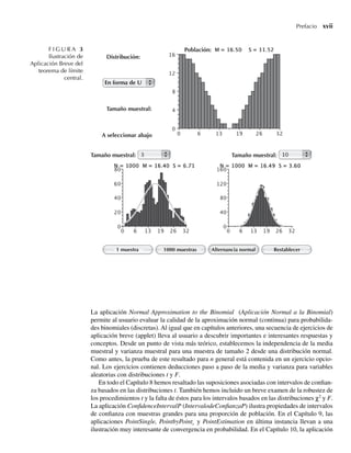Prefacio xvii
La aplicación Normal Approximation to the Binomial (Aplicación Normal a la Binomial)
permite al usuario evaluar la calidad de la aproximación normal (continua) para probabilida-
des binomiales (discretas). Al igual que en capítulos anteriores, una secuencia de ejercicios de
aplicación breve (applet) lleva al usuario a descubrir importantes e interesantes respuestas y
conceptos. Desde un punto de vista más teórico, establecemos la independencia de la media
muestral y varianza muestral para una muestra de tamaño 2 desde una distribución normal.
Como antes, la prueba de este resultado para n general está contenida en un ejercicio opcio-
nal. Los ejercicios contienen deducciones paso a paso de la media y varianza para variables
aleatorias con distribuciones t y F.
En todo el Capítulo 8 hemos resaltado las suposiciones asociadas con intervalos de confian-
za basados en las distribuciones t. También hemos incluido un breve examen de la robustez de
los procedimientos t y la falta de éstos para los intervalos basados en las distribuciones χ2
y F.
La aplicación ConfidenceIntervalP (IntervalodeConfianzaP) ilustra propiedades de intervalos
de confianza con muestras grandes para una proporción de población. En el Capítulo 9, las
aplicaciones PointSingle, PointbyPoint¸ y PointEstimation en última instancia llevan a una
ilustración muy interesante de convergencia en probabilidad. En el Capítulo 10, la aplicación
F I G U R A 3
Ilustración de
Aplicación Breve del
teorema de límite
central.
Distribución:
Población:
En forma de U
Tamaño muestral:
A seleccionar abajo
1 muestra 1000 muestras Alternancia normal Restablecer
Tamaño muestral: Tamaño muestral:
Preliminares.indd xvii
Preliminares.indd xvii 24/7/09 14:50:48
24/7/09 14:50:48
 