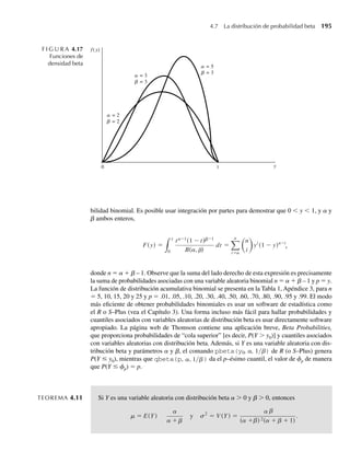 180 Capítulo 4 Variables continuas y sus distribuciones de probabilidad
Solución a Como m = 0 y s = 1, el valor 2 está en realidad a z = 2 desviaciones estándar arriba de la
media.Avance hacia abajo en la primera columna (z) de la Tabla 4,Apéndice 3, y lea el área
opuesta a z = 2.0. Esta área, denotada por el símbolo A(z), es A(2.0) = .0228. Entonces,
P(Z  2)= .0228.
b Consulte la Figura 4.12, donde hemos sombreado el área de interés. En el inciso a determi-
namos que A1 = A(2.0) = 0.228. Como la función de densidad es simétrica alrededor de la
media m = 0, se deduce que A2 = A1 = .0228 y por tanto que
P(−2 ≤ Z ≤ 2) = 1 − A1 − A2 = 1 − 2(.0228) = .9544.
c Como P(Z  0) = A(0) = .5, obtenemos que P(0 ≤ Z ≤ 1.73) = .5 – A(1.73), donde
A(1.73) se obtiene al bajar por la columna z de la Tabla 4, Apéndice 3, a la entrada 1.7 y
luego en sentido horizontal por la parte superior de la tabla a la columna marcada .03 para
leer A(1.73) = .0418. De esta manera,
P(0 ≤ Z ≤ 1.73) = .5 − .0418 = .4582.
F I G U R A 4.11
Área tabulada para la
función de densidad
normal
EJEMPLO 4.9 Las calificaciones para un examen de admisión a una universidad están normalmente dis-
tribuidas con media de 75 y desviación estándar 10. ¿Qué fracción de las calificaciones se
encuentra entre 80 y 90?
Solución Recuerde que z es la distancia desde la media de una distribución normal expresada en unida-
des de desviación estándar. Entonces,
z =
y − m
s
.
f (y)
y
␮ + z
␮ ␴
z␴
F I G U R A 4.12
Área deseada para el
Ejemplo 4.8(b)
y
A2
A1
2
0
–2 Q
W-cap-04.indd 180
W-cap-04.indd 180 27/7/09 02:25:35
27/7/09 02:25:35
 