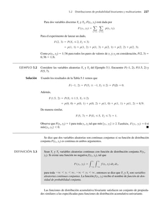 198 Capítulo 4 Variables continuas y sus distribuciones de probabilidad
c ¿Cuál de estas distribuciones beta da la más alta probabilidad de observar un valor mayor que .2?
d Grafique algunas densidades beta adicionales con a  1 y b  1. ¿Qué se puede conjeturar acerca de
la forma de las densidades beta con a  1 y b  1?
4.119 Ejercicio Applet Use la aplicación breve Comparison of Beta Density Functions para comparar funcio-
nes de densidad beta con (a = 4 b = .3),
, , ,
(a = 7 b = .3), y (a =12 b = .3).
a ¿Son simétricas estas densidades? ¿Sesgadas a la izquierda? ¿Sesgadas a la derecha?
b ¿Qué observa usted cuando el valor de a se acerca a 12?
c ¿Cuál de estas distribuciones beta da la más alta probabilidad de observar un valor menor que .8?
d Grafique algunas densidades beta adicionales con a  1 y b  1. ¿Qué se puede conjeturar acerca de
la forma de las densidades beta con a  1 y b  1?
*4.120 En el Capítulo 6 veremos que si Y tiene distribución beta con parámetros a y b, entonces Y∗ = 1 – Y
tiene una distribución beta con parámetros a∗ = b y b∗ = a. ¿Explica esto las diferencias y similitudes
en las gráficas de las densidades beta en los Ejercicios 4.118 y 4.119?
4.121 Ejercicio Applet Use la aplicación breve Comparison of Beta Density Functions para comparar funcio-
nes de densidad beta con (a = .5 = .7), , ,
, (a = .7 = .7) y (a = b
b
b .9 = .7). .
a ¿Cuál es la forma general de estas densidades?
b ¿Qué observa cuando el valor de a aumenta?
4.122 Ejercicio Applet Las densidades beta con a  1 y b  1 son difíciles de exhibir debido a problemas de
escala o resolución.
a Use la aplicación breve Beta Probabilities and Quantiles para calcular P(Y  .1) si Y tiene una dis-
tribución beta con (a = .1, b = 2).
b Use la aplicación breve Beta Probabilities and Quantiles para calcular P(Y  .1) si Y tiene una dis-
tribución beta con (a = .1, b = 2).
c Con base en su respuesta el inciso b, ¿a cuáles valores de Y se les asignan altas probabilidades si Y
tiene una distribución beta con (a = .1, b = 2)?
d Use la aplicación breve Beta Probabilities and Quantiles para calcular P(Y  .1) si Y tiene una dis-
tribución beta con (a = .1, b = .2).
e Use la aplicación breve Beta Probabilities and Quantiles para calcular P(Y  .9) si Y tiene una dis-
tribución beta con (a = .1, b = .2).
f Use la aplicación breve Beta Probabilities and Quantiles para calcular P(.1  Y .9) si Y tiene una
distribución beta con (a = 1, b = .2).
g Con base en sus respuestas a los incisos d, e y f, ¿a cuáles valores de Y se les asignan altas probabili-
dades si Y tiene una distribución beta con (a = .1, b = .2)?
4.123 La humedad relativa Y, cuando se mide en una localidad, tiene una función de densidad de probabilidad
dada por
f (y) =
ky3
(1 − y)2
0 ≤ y ≤ 1,
,
,
0 en cualquier otro punto.
a Encuentre el valor de k que haga de f(y) una función de densidad.
b Ejercicio Applet Use la aplicación breve Beta Probabilities and Quantiles para hallar un valor de
humedad que se exceda sólo 5% del tiempo.
W-cap-04.indd 198
W-cap-04.indd 198 27/7/09 02:25:37
27/7/09 02:25:37
 