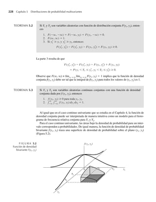 4.124 El porcentaje de impurezas por lote en un producto químico es una variable aleatoria Y con función de
densidad
f (y) =
12y2
(1 − y), 0 ≤ y ≤ 1,
0, en cualquier otro punto.
Un lote con más de 40% de impurezas no se puede vender.
a Integre la densidad directamente para determinar la probabilidad de que un lote seleccionado al azar
no se pueda vender por su exceso de impurezas.
b Ejercicio Applet Use la aplicación breve Beta Probabilities and Quantiles para hallar la respuesta al
inciso a.
4.125 Consulte el Ejercicio 4.124. Encuentre la media y la varianza del porcentaje de impurezas en un lote
seleccionado al azar del producto químico.
4.126 Suponga que una variable aleatoria Y tiene una función de densidad de probabilidad dada por
f (y) =
6y(1 − y), 0 ≤ y ≤ 1,
0, en cualquier otro punto.
a Encuentre F(y).
b Grafique F(y) y f(y).
c Encuentre P(.5 ≤ Y ≤ .8).
4.127 Verifique que si Y tiene una distribución beta con a = b = 1, entonces Y tiene una distribución uniforme
en el intervalo (0, 1). Esto es, la distribución uniforme en el intervalo (0, 1) es un caso especial de una
distribución beta.
4.128 El costo Y de reparaciones semanales para una máquina tiene una función de densidad de probabilidad
dada por
f (y) =
3(1 − y)2
, 0  y  1,
0. en cualquier otro punto,
con mediciones en cientos de dólares. ¿Cuánto dinero debe presupuestarse a la semana para costos de
reparación, de modo que el costo real rebase la cantidad presupuestada sólo 10% del tiempo?
4.129 Durante un turno de ocho horas la proporción de tiempo Y que una máquina troqueladora de láminas metá-
licas está sin operar por mantenimiento o reparaciones tiene una distribución beta con a = 1 y b = 2. Esto
es,
f (y) =
2(1 − y), 0 ≤ y ≤ 1,
0, en cualquier otro punto.
El costo (en cientos de dólares) de este tiempo improductivo, debido a producción perdida y costo de
mantenimiento y reparación, está dado por C = 10 + 20Y + 4Y 2
. Encuentre la media y la varianza
de C.
4.130 Demuestre que la varianza de una variable aleatoria con distribución beta y parámetros a y b es
2
=
( + )2 ( + + 1)
.
ab
s
a a
b b
4.131 Errores en la medición del tiempo de llegada de un frente de onda, desde una fuente acústica, en oca-
siones tienen una distribución beta aproximada. Suponga que estos errores, medidos en microsegundos,
tienen aproximadamente una distribución beta con a = 1 y b = 2.
a ¿Cuál es la probabilidad de que el error de medición en un ejemplo seleccionado al azar sea menor
que .5 ms?
b Obtenga la media y la desviación estándar de los errores de medición.
Ejercicios 199
W-cap-04.indd 199
W-cap-04.indd 199 27/7/09 02:25:38
27/7/09 02:25:38
 