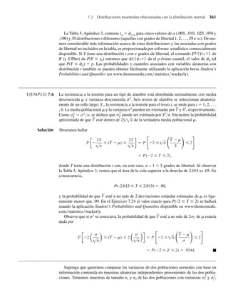 252 Capítulo 5 Distribuciones de probabilidad multivariantes
5.46 Consulte el Ejercicio 5.2. El número de caras en tres tiros de moneda está binomialmente distribuido con
n = 3, p = 1/2. ¿Son independientes el número total de caras y sus ganancias en la apuesta colateral?
[Examine su respuesta al Ejercicio 5.20(b).]
5.47 En el Ejercicio 5.3 determinamos que la distribución de probabilidad conjunta de Y1, el número de eje-
cutivos casados y Y2, el número de ejecutivos que no se han casado, está dada por
p(y1, y2) =
4
y1
3
y2
2
3 − y1 − y2
9
3
,
donde y1 y y2 son enteros, 0 ≤ y1 ≤ 3, 0 ≤ y2 ≤ 3 y 1 ≤ y1 + y2 ≤ 3. ¿Y1 y Y2 son independientes?
(Recuerde su respuesta al Ejercicio 5.21.)
5.48 En el Ejercicio 5.4 se determinó la siguiente función de probabilidad conjunta para
Y1 =
0, si el niño sobrevive,
1, si no sobrevive,
y Y2 =
0, si no usaba cinturón,
1, si usaba cinturón para adulto,
2, si usaba el cinturón del asiento del auto.
¿Y1 y Y2 son independientes? ¿Por qué sí o por qué no?
5.49 En el Ejemplo 5.4 y en el Ejercicio 5.5 consideramos la densidad conjunta de Y1, la proporción de la
capacidad del tanque que ha sido abastecido al principio de la semana y Y2, la proporción de la capacidad
vendida durante la semana, dadas por
f (y1, y2) =
3y1, 0 ≤ y2 ≤ y1 ≤ 1,
0, en cualquier otro punto.
Demuestre que Y1 y Y2 son dependientes.
5.50 En el Ejercicio 5.6 supusimos que si una partícula radiactiva se coloca en un cuadrado con lados de
longitud unitaria, un modelo razonable para la función de densidad conjunta para Y1 y Y2 es
f (y1, y2) =
1, 0 ≤ y1 ≤ 1, 0 ≤ y2 ≤ 1,
0, en cualquier otro punto.
a ¿Y1 y Y2 son independientes?
b ¿El resultado del inciso a explica los resultados obtenidos en el Ejercicio 5.24 d - f? ¿Por qué?
5.51 En el Ejercicio 5.7 consideramos Y1 y Y2 con función de densidad conjunta
f (y1, y2) =
e−(y1+y2)
, y1  0, y2  0,
0, en cualquier otro punto.
a ¿Y1 y Y2 son independientes?
b ¿El resultado del inciso a explica los resultados obtenidos en el Ejercicio 5.25 d - f? ¿Por qué?
y1
y2 0 1 Total
0 .38 .17 .55
1 .14 .02 .16
2 .24 .05 .29
Total .76 .24 1.00
 