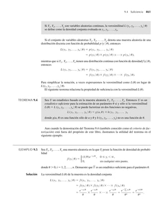 En general,
FU (u) =
FY (√u) − FY (−√u), u  0,
0, en cualquier otro punto.
Al derivar con respecto a u, vemos que
fU (u) =
fY (√u)
1
2√u
+ fY (−√u)
1
2√u
, u  0,
0, en cualquier otro punto,
o bien, simplemente,
fU (u) =
1
2√u
fY (√u) + fY (−√u) , u  0,
0, en cualquier otro punto.
EJEMPLO 6.4 Sea Y una función de densidad de probabilidad dada por
fY (y) =
y + 1
2
, −1 ≤ y ≤ 1,
0, en cualquier otro punto.
Encuentre la función de densidad para U = Y2
.
Solución Sabemos que
fU (u) =
1
2√u
fY (√u) + fY (−√u) , u  0,
0, en cualquier otro punto,
y al sustituir en esta ecuación obtenemos
fU (u) =
1
2√u
√u + 1
2
+
−√u + 1
2
=
1
2√u
, 0  u ≤ 1,
0, en cualquier otro punto.
F I G U R A 6.7
Función h(y) = y2
u
u u
0
h(y) = y2
h( y)
– y
6.3 Método de las funciones de distribución 305
06-Wakerly.indd 305
06-Wakerly.indd 305 27/7/09 02:42:37
27/7/09 02:42:37
 