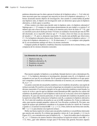 334 Capítulo 6 Funciones de variables aleatorias
P(Yi  y = 1 − F(y) para i= 1, 2, . . . , n, vemos que
FY(1)
(y) = P(Y(1) ≤ y) = 1 − P(Y(1)  y)
= 1 − P(Y1  y, Y2  y, . . . ,
. . .
Yn  y)
= 1 − [P(Y1  y)P(Y2  y) P(Yn  y)]
= 1 − [1 − F(y)]n
.
Por consiguiente, si g(1)(y) denota la función de densidad de Y(1), al derivar en ambos lados de
la última expresión obtenemos
g(1)(y) = n[1 − F(y)]n−1
f (y).
Consideremos ahora el caso n = 2 y determinemos la función de densidad conjunta para
Y(1) y Y(2). El evento (Y(1) ≤ y1, Y(2) ≤ y2) significa que (Y1 ≤ y1, Y2 ≤ y2) o (Y2 ≤ y1, Y1 ≤ y2).
[Observe que Y(1) podría ser Y1 o Y2, cualquiera que sea más pequeña.] Por tanto, para y1 ≤ y2,
P(Y(1) ≤ y1, Y(2) ≤ y2) es igual a la probabilidad de la unión de los dos eventos (Y1 ≤ y1, Y2 ≤
y2) y (Y2 ≤ y1, Y1 ≤ y2). Esto es,
P(Y(1) ≤ y1, Y(2) ≤ y2) = P[(Y1 ≤ y1, Y2 ≤ y2) ∪ (Y2 ≤ y1, Y1 ≤ y2)].
Usando la ley aditiva de la probabilidad y tomando en cuenta que y1 ≤ y2, vemos que
P(Y(1) ≤ y1, Y(2) ≤ y2) = P(Y1 ≤ y1, Y2 ≤ y2) + P(Y2 ≤ y1, Y1 ≤ y2)
− P(Y1 ≤ y1, Y2 ≤ y1).
Como Y1 y Y2 son independientes y P(Yi ≤ w) = F(w), para i = 1, 2, se deduce que, para
y1 ≤ y2,
P(Y(1) ≤ y1, Y(2) ≤ y2) = F(y1)F(y2) + F(y2)F(y1) − F(y1)F(y1)
= 2F(y1)F(y2) − [F(y1)]2
.
Si y1  y2 (recuerde que Y(1) ≤ Y(2)),
P(Y(1) ≤ y1, Y(2) ≤ y2) = P(Y(1) ≤ y2, Y(2) ≤ y2)
= P(Y1 ≤ y2, Y2 ≤ y2) = [F(y2)]2
.
Resumiendo, la función de distribución conjunta de Y(1) y Y(2) es
FY(1)Y(2)
(y1, y2) =
2F(y1)F(y2) − [F(y1)]2
, y1 ≤ y2,
[F(y2)]2
, y1  y2.
Si denotamos con g(1)(2)(y1, y2) la densidad conjunta de Y(1) y Y(2), vemos que, al derivar
primero con respecto a y2 y luego con respecto a y1,
g(1)(2)(y1, y2) =
2 f (y1) f (y2), y1 ≤ y2,
0, en cualquier otro punto.
Se puede aplicar el mismo método para determinar la densidad conjunta de Y(1), Y(2), . . . ,
Y(n), que resulta ser
g(1)(2) (n)(y1, y2, . . . , yn) =
n! f (y1) f (y2), . . . , f (yn), y1 ≤ y2 ≤ ⋅ ⋅ ⋅ ≤ yn,
0, en cualquier otro punto.
. . .
06-Wakerly.indd 334
06-Wakerly.indd 334 27/7/09 02:42:46
27/7/09 02:42:46
 
