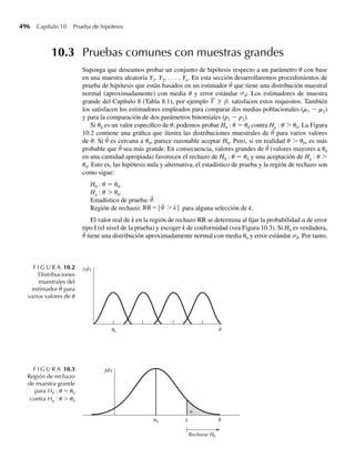 340 Capítulo 6 Funciones de variables aleatorias
a la función de densidad de probabilidad para el precio por acción que el inversionista pagará.
b el costo esperado por acción que el inversionista pagará.
6.88 Suponga que el tiempo Y que un trabajador tarda en completar cierta tarea tiene la función de densidad
de probabilidad dada por
f (y) =
e−(y−u)
, y  u,
0, en cualquier otro punto,
donde u es una constante positiva que representa el tiempo mínimo hasta la terminación del trabajo. Sea
Y1, Y2, . . . , Yn una muestra aleatoria de tiempos de terminación de esta distribución. Encuentre
a la función de densidad para Y(1) = mín(Y1, Y2, . . . , Yn).
b E(Y(1)).
*6.89 Si Y1, Y2, . . . , Yn representan una muestra aleatoria de la distribución uniforme f(y) = 1, 0 ≤ y ≤ 1
encuentre la función de densidad de probabilidad de la amplitud R = Y(n) − Y(1).
*6.90 Suponga que el número de veces que ocurre cierto evento en el intervalo (0, t) tiene una distribución de
Poisson. Si sabemos que n de tales eventos han ocurrido en (0, t), entonces los tiempos reales, medidos
desde 0, para los sucesos del evento en cuestión forman un conjunto ordenado de variables aleatorias,
que denotamos con W(1) ≤ W(2) ≤ ⋅⋅⋅ ≤ W(n). [W(i) en realidad es el tiempo de espera de 0 hasta que
ocurre el i-ésimo evento.] Se puede demostrar que la función de densidad conjunta para W(1), W(2), . . . ,
W(n) está dada por
f (w1, w2, . . . , wn) =
n!
tn
, w1 ≤ w2 ≤ ⋅ ⋅ ⋅ ≤ wn,
0, en cualquier otro punto.
[Esta es la función de densidad para la muestra ordenada de tamaño n desde una distribución uniforme
en el intervalo (0, t).] Suponga que las llamadas telefónicas que entran en un conmutador siguen una
distribución de Poisson con una media de diez llamadas por minuto. En un periodo lento de dos minutos
de duración sólo entraron cuatro llamadas. Encuentre
a la probabilidad de que las cuatro llamadas entren durante el primer minuto; es decir, encuentre P(W(4)
≤ 1),
b el tiempo de espera desde el principio de los dos minutos hasta la cuarta llamada.
*6.91 Suponga que n componentes electrónicos, cada uno con una vida útil distribuida exponencialmente con
media u, se ponen en operación al mismo tiempo. Los componentes operan en forma independiente y
se observan hasta que r de ellos fallan (r ≤ n). Sea Wj el tiempo que transcurre hasta que el componente
j-ésimo falla, con W1 ≤ W2 ≤ ⋅ ⋅ ⋅ ≤ Wr. Sea Tj = Wj − Wj–1 para j ≥ 2 y T1 = W1. Observe que Tj mide
el tiempo transcurrido entre fallas sucesivas.
a Demuestre que Tj, para j = 1, 2, . . . , r, tiene una distribución exponencial con media u/(n − j + 1).
b Demuestre que
Ur =
r
j=1
Wj + (n −r)Wr =
r
j=1
(n − j + 1)Tj
y, en consecuencia, que E(Ur)= ru. [Ur se denomina vida útil total observada y podemos usar Ur/r
como una aproximación (o “estimador”) de u.]
06-Wakerly.indd 340
06-Wakerly.indd 340 27/7/09 02:42:48
27/7/09 02:42:48
 