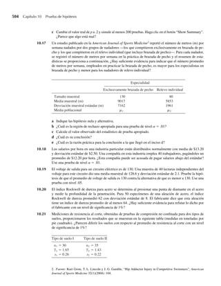 348 Capítulo 7 Distribuciones muestrales y el teorema del límite central
La deducción de la distribución de muestreo de la variable aleatoria Y trazada en el Ejemplo
7.1 utiliza el método de punto de muestra que se introdujo en el Capítulo 2. Aun cuando no
es difícil completar los cálculos del Ejemplo 7.1 y dar la distribución de muestreo exacta para
Y, el proceso es tedioso. ¿Cómo podemos tener una idea de la forma de esta distribución de
muestro sin molestarnos en completar estos cálculos? Una forma es simular la distribución
de muestreo al tomar muestras independientes repetidas, cada una de tamaño 3, calculando
el valor observado y para cada muestra y construyendo un histograma de estos valores ob-
servados. El resultado de una de estas simulaciones se ilustra en la Figura 7.1(a), que es una
gráfica obtenida usando la aplicación breve DiceSample (disponible en www.thomsonedu.
com/statistics/wackerly).
¿Qué puede observar en la Figura 7.1(a)? Como ya dijimos, el máximo valor observado de
Y es 6 y el valor mínimo es 1. También, los valores obtenidos en la simulación se acumulan
en forma de montículo aproximadamente centrado en 3.5, que es la media teórica de Y. En la
Figura 7.1(b) vemos que el promedio y desviación estándar de los 4000 valores simulados de
Y son muy cercanos a los valores teóricos obtenidos en el Ejemplo 7.1.
F I G U R A 7.1
(a) Distribución de
muestreo simulado
para Y, Ejemplo 7.1;
(b) media y desvia-
ción estándar de
los 4000 valores
simulados de Y
0
129
258
387
516
Número de tiros = 4000
Frecuencia
1 2 3 4 5 6
Media de 3 dados
(a)
Prob. de pobl. (1) 0.167 (2) 0.167 (3) 0.167 (4) 0.167 (5) 0.167 (6) 0.167
Población: Media = 3.500 Desv.Est. = 1.708
Muestras = 4000 de tamaño 3
Media = 3.495
Desv. Est. = 0.981
+/− 1 Desv. Est.: 0.683
+/− 2 Desv. Est.: 0.962
+/− 3 Desv. Est.: 1.000
(b)
 