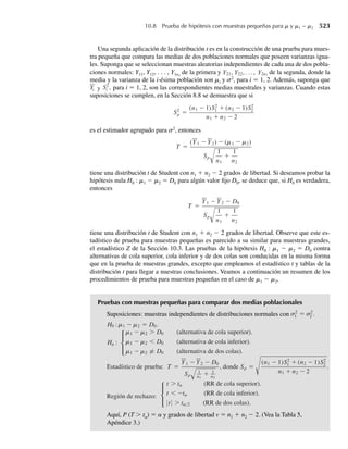 d Cuando Z tiene una distribución normal estándar, P(Z  1.282) = .10 y z.10 = 1.282. ¿Qué propiedad
de la distribución t (cuando se compara con la distribución normal estándar) explica el hecho de que
todos los valores obtenidos en el inciso c son mayores que z.10 = 1.282?
e ¿Qué se observa acerca de los tamaños relativos de los valores de t.10 para distribuciones t con 30, 60
y 120 grados de libertad? Calcule lo que t.10 “converge” cuando se hace grande el número de grados
de libertad. [Sugerencia: vea el renglón marcado q en la Tabla 5, Apéndice 3.]
7.26 Consulte el Ejercicio 7.11. Suponga que, en el problema de fertilización del bosque, la desviación
estándar poblacional de áreas basales no se conoce y debe estimarse a partir de la muestra. Si se ha de
medir una muestra aleatoria de n = 9 áreas basales, encuentre dos estadísticos g1 y g2 tales que P[g1 ≤
(Y − m) ≤ g2] = .90.
7.27 Ejercicio Applet Consulte el Ejemplo 7.7. Si tomamos muestras independientes de tamaños n1 = 6 y
n2 = 10 de dos poblaciones normales con varianzas poblacionales iguales, use la aplicación F-Ratio
Probabilities and Quantiles para hallar
a P(S2
1 /S2
2  2).
b P(S2
1 /S2
2  0.5).
c la probabilidad de que una de las varianzas muestrales sea al menos el doble de grande que la otra.
7.28 Ejercicio Applet Suponga que Y tiene una distribución F con n1 = 4 grados de libertad en el numerador
y n2 = 6 grados de libertad en el denominador.
a Use la Tabla 7, Apéndice 3, para hallar F.025.También determínelo con la aplicación F-Ratio
Probabilities and Quantiles.
b Consulte el inciso a. ¿A qué cuantil de Y corresponde F.025? ¿A qué percentil?
c Consulte los incisos a y b. Use la aplicación F-Ratio Probabilities and Quantiles para hallar F.975, el
cuantil .025 (2.5o. percentil) de la distribución de Y.
d Si U tiene una distribución F con n1 = 6 grados de libertad en el numerador y n2 = 4 en el denomina-
dor, use la Tabla 7, Apéndice 3 o la aplicación F-Ratio Probabilities and Quantiles para hallar F.025.
e En el Ejercicio 7.29, usted demostrará que si Y es una variable aleatoria que tiene una distribución F
con n1 grados de libertad en el numerador y n2 en el denominador, entonces U = 1/Y tiene una distri-
bución F con n2 grados de libertad en el numerador y n1 en el denominador. ¿Este resultado explica la
relación entre F.975 del inciso c (4 grados de libertad en el numerador y 6 en el denominador) y F.025
del inciso d (6 grados del libertad en el numerador y 4 en el denominador)? ¿Cuál es esta relación?
7.29 Si Y es una variable aleatoria que tiene una distribución F con n1 grados de libertad en el numerador y
n2 grados de libertad en el denominador, demuestre que U = 1/Y tiene una distribución F con n2 grados
de libertad en el numerador y n1 grados de libertad en el denominador.
*7.30 Suponga que Z tiene una distribución normal estándar y que Y es una variable aleatoria independiente
con distribución x2
y con n grados de libertad. Entonces, según la Definición 7.2,
T =
Z
√Y/n
tiene una distribución t con n grados de libertad.1
a Si Z tiene una distribución normal estándar, dé E(Z) y E(Z2
). [Sugerencia: para cualquier variable
aleatoria, E(Z2
) = V(Z) + (E(Z))2
.]
1. Los ejercicios precedidos por un asterisco son opcionales.
Ejercicios 367
 