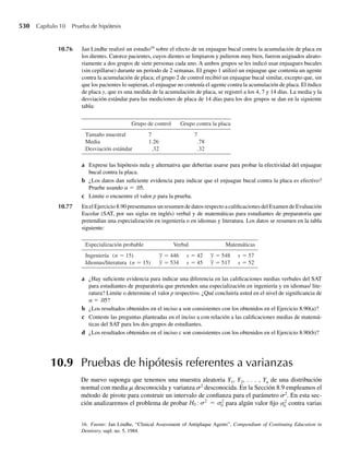 374 Capítulo 7 Distribuciones muestrales y el teorema del límite central
b Haga clic unas cuantas veces en el botón “1000 Samples” y conteste las preguntas del inciso b. ¿Los
histogramas generados tienen las formas que esperaba? ¿Por qué?
c ¿Las medias y desviaciones estándar de las dos distribuciones muestrales son cercanas a los valores
que esperaba? [Sugerencia: V (Y) = s2
/n.]
d Haga clic en el botón “Toggle Normal”. ¿Qué observa acerca de lo adecuado de las distribuciones
normales calculadas?
e Haga clic en las dos distribuciones muestrales generadas para que aparezcan ventanas para cada
una. Use las flechas arriba/abajo en las cajas izquierda y derecha de “Sample Size” para seleccionar
muestras de tamaño 10 y 25. Haga clic en el botón “Toggle Normal”. Ahora tiene ya las gráficas de
las distribuciones muestrales de las medias muestrales basadas en muestras de tamaños 1, 3, 10 y 25.
¿Qué observa acerca de lo adecuado de la aproximación normal cuando aumenta el tamaño mues-
tral?
7.41 Ejercicio Applet Consulte el Ejercicio 7.40. Use la aplicación SampleSize para completar lo siguiente.
Use la flecha arriba/abajo a la izquierda del histograma de la distribución poblacional para seleccionar
la distribución “en forma de U”. ¿Cuál es la media y la desviación estándar de la población de la cual se
seleccionarán las muestras?
a Conteste las preguntas de los incisos (a-e) del Ejercicio 7.40.
b Consulte el inciso a. Cuando examinó la distribución muestral de Y para n = 3, tenía un “valle” en
el centro. ¿Por qué ocurrió esto? Use la aplicación Basic para averiguarlo. Seleccione la distribución
poblacional “en forma de U” y haga clic en el botón “1 Sample.” ¿Qué observa acerca de los valores
de observaciones individuales en la muestra? Haga clic en el botón “1 Sample” varias veces más.
¿Los valores de la muestra tienden a ser (relativamente) grandes o pequeños con pocos valores en el
“centro”? ¿Por qué? ¿Qué efecto tiene esto en el valor de la media muestral? [Sugerencia: 3 es un
tamaño muestral impar.]
7.42 La resistencia a la ruptura del vidrio templado promedia 14 (medida en miles de libras por pulgada
cuadrada) y tiene una desviación estándar de 2.
a ¿Cuál es la probabilidad de que el promedio de resistencia a la ruptura de 100 piezas seleccionadas
aleatoriamente de este vidrio exceda de 14.5?
b Encuentre un intervalo que incluya, con probabilidad 0.95, el promedio de resistencia a la ruptura de
100 piezas de este vidrio seleccionadas aleatoriamente.
7.43 Una antropóloga desea calcular el promedio de estatura de los hombres de cierta raza. Si se supone que
la desviación estándar poblacional es de 2.5 pulgadas y si ella muestrea 100 hombres aleatoriamente,
encuentre la probabilidad de que la diferencia entre la media muestral y la verdadera media poblacional
no exceda de .5 pulgada.
7.44 Suponga que la antropóloga del Ejercicio 7.43 desea que la diferencia entre la media muestral y la media
poblacional sea menor que .4 pulgada, con probabilidad de .95. ¿Cuántos hombres debe tomar como
muestra para lograr este objetivo?
7.45 Trabajadores de una gran empresa de servicios tienen un salario promedio de $7.00 por hora con una
desviación estándar de $.50. La industria tiene 64 trabajadores de cierto grupo étnico que tienen un
salario promedio de $6.90 por hora. ¿Es razonable suponer que la tasa salarial del grupo étnico es equi-
valente a la de una muestra aleatoria de trabajadores tomada de los empleados en la industria militar?
[Sugerencia: calcule la probabilidad de obtener una media muestral menor o igual que $6.90 por hora.]
7.46 La acidez de los suelos se mide mediante una cantidad llamada pH, que varía de 0 (acidez alta) a 14
(alcalinidad alta). Un edafólogo desea calcular el promedio de pH para un campo de grandes dimensio-
nes al seleccionar aleatoriamente n muestras de núcleos y medir el pH de cada muestra. Aun cuando la
 