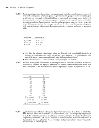 Ejercicios 395
8.9 Suponga que Y1, Y2, . . . , Yn constituyen una muestra aleatoria de una población con función de densidad
de probabilidad
f (y) =
1
u + 1
e−y/(u+1)
, y  0, u  −1,
0, en cualquier otro punto.
Sugiera un estadístico apropiado para usarlo como estimador insesgado para u. [Sugerencia:considere Y.]
8.10 El número de descomposturas por semana para un tipo de minicomputadora es una variable aleatoria Y
con una distribución de Poisson y media l. Existe una muestra aleatoria Y1, Y2, . . . , Yn de observaciones
del número semanal de descomposturas.
a Sugiera un estimador insesgado para l.
b El costo semanal de reparar estas descomposturas es C = 3Y + Y2
. Demuestre que E(C) = 4l + l2
.
c Encuentre una función de Y1, Y2, . . . , Yn que sea un estimador insesgado de E(C). [Sugerencia: use
lo que sepa acerca de Y y (Y)2
.]
8.11 Sea Y1, Y2, . . . , Yn una muestra aleatoria de tamaño n de una población con media 3. Suponga que û2 es
un estimador insesgado de E(Y2
) y que ˆ3
u es un estimador insesgado de E(Y3
). Proponga un estimador
insesgado para el tercer momento central de la distribución subyacente.
8.12 La lectura en un voltímetro conectado a un circuito de prueba está distribuida uniformemente en el
intervalo (u, u + 1), donde u es el valor desconocido del voltaje real del circuito. Suponga que Y1,
Y2, . . . , Yn denota una muestra aleatoria de esas lecturas.
a Demuestre que Y es un estimador sesgado de u y calcule el sesgo.
b Encuentre una función de Y que sea un estimador insesgado de u.
c Encuentre MSE(Y) cuando Y se use como estimador de u.
8.13 Hemos visto que si Y tiene una distribución binomial con parámetros n y p, entonces Y/n es un estima-
dor insesgado de p. Para calcular la varianza de Y, por lo general usamos n(Y/n)(1 − Y/n).
a Demuestre que el estimador sugerido es un estimador sesgado de V(Y).
b Modifique ligeramente n(Y/n)(1 − Y/n) para formar un estimador insesgado de V(Y).
8.14 Sea Y1, Y2, . . . , Yn una muestra aleatoria de tamaño n de una población cuya densidad está dada por
f (y) =
aya−1
/ua
, 0 ≤ y ≤ u,
0, en cualquier otro punto,
donde a  0 es un valor fijo conocido, pero u no se conoce. (Ésta es la familia de distribuciones de
potencia introducidas en el ejercicio 6.17.) Considere el estimador û = máx(Y1, Y2, . . . , Yn).
a Demuestre que û es un estimador sesgado de û.
b Determine un multiplo de û que constituya un estimador de û.
c Deduzca MSE(û)
8.15 Sea Y1, Y2, . . . , Yn una muestra aleatoria de tamaño n de una población cuya densidad está dada por
f (y) =
3b3
y−4
, b ≤ y,
0, en cualquier otro punto,
donde b  0 es desconocido. (Ésta es una de las distribuciones de Pareto introducidas en el Ejercicio
6.18.) Considere el estimador b̂ = mín(Y1, Y2, . . . , Yn).
a Deduzca el sesgo del estimador b̂.
b Deduzca MSE(b̂).
 