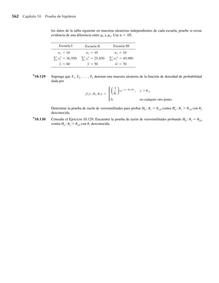 8.3 Algunos estimadores puntuales insesgados comunes 397
un parámetro binomial p. Si una inferencia está basada en muestras aleatorias independientes
de n1 y n2 observaciones seleccionadas de dos poblaciones diferentes, ¿cómo estimaríamos la
diferencia entre medias (m1 − m2) o la diferencia en dos parámetros binomiales, (p1 − p2)? De
nuevo, nuestra intuición sugiere utilizar los estimadores puntuales (Y1 −Y2), la diferencia en
las medias muestrales, para estimar (m1 − m2) y usar ( p̂1 − p̂2), la diferencia en las proporcio-
nes muestrales, para estimar (p1 − p2).
Como los cuatro estimadores Y, p̂, ( Y1 − Y2) y ( p̂1 − p̂2) son funciones de las variables
aleatorias observadas en muestras, podemos hallar sus valores y varianzas esperados con el
uso de teoremas de esperanza de las Secciones 5.6-5.8. La desviación estándar de cada uno
de los estimadores es simplemente la raíz cuadrada de la varianza respectiva. Ese esfuer-
zo demostraría que, cuando se ha empleado un muestreo aleatorio, los cuatro estimadores
puntuales son insesgados y que poseen las desviaciones estándar mostradas en la Tabla 8.1.
Para facilitar la exposición, usamos la notación s2
û
para denotar la varianza de la distribución
muestral del estimador û. La desviación estándar de la distribución muestral del estimador û,
û, sû = s2
û
, suele recibir el nombre de error estándar del estimador û.
En el Capítulo 5 dedujimos gran parte de la información requerida para la Tabla 8.1. En
particular, determinamos las medias y varianzas de Y y p̂ en los Ejemplos 5.27 y 5.28, respec-
tivamente. Si las muestras aleatorias son independientes, estos resultados y el Teorema 5.12
implican que
E(Y1 − Y2) = E(Y1) − E(Y2) = m1 − m2,
V(Y1 − Y2) = V(Y1) + V(Y2) =
s2
1
n1
+
s2
2
n2
.
El valor esperado y el error estándar de ( p̂1 − p̂2), mostrados en la Tabla 8.1, se pueden ob-
tener de un modo semejante.
∗
s2
1 y s2
2 son las varianzas de las poblaciones 1 y 2, respectivamente.
† Se supone que las dos muestras son independientes.
Tabla 8.1
u û E(û) sû
μ n Y μ
s
√n
p n p̂ =
Y
n
p
pq
n
m1 − m2 n1 y n2 Y1 − Y2 m1 − m2
s2
1
n1
+
s2
2
n2
∗†
p1 − p2 n1 y n2 p̂1 − p̂2 p1 − p2
p1q1
n1
+
p2q2
n2
†
Valores esperados y errores estándar de algunos estimadores puntuales comunes
Tamaño(s)
muestral(es)
Estimador
puntual
Error
estándar
Parámetro
objetivo
 