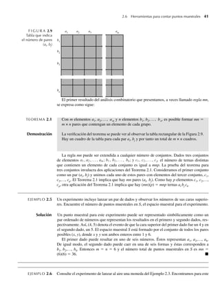 2.6 Herramientas para contar puntos muestrales 41
El primer resultado del análisis combinatorio que presentamos, a veces llamado regla mn,
se expresa como sigue:
TEOREMA 2.1 Con m elementos a1, a2,…, am y n elementos b1, b2,…, bn, es posible formar mn =
m × n pares que contengan un elemento de cada grupo.
Demostración La verificación del teorema se puede ver al observar la tabla rectangular de la Figura 2.9.
Hay un cuadro de la tabla para cada par ai, bj y por tanto un total de m × n cuadros.
La regla mn puede ser extendida a cualquier número de conjuntos. Dados tres conjuntos
de elementos a1, a2, . . . , am; b1, b2, . . . , bn; y c1, c2, . . . , cp el número de ternas distintas
que contienen un elemento de cada conjunto es igual a mnp. La prueba del teorema para
tres conjuntos invulucra dos aplicaciones del Teorema 2.1. Consideramos el primer conjunto
como un par (ai, bj) y unimos cada uno de estos pares con elementos del tercer conjunto, c1,
c2,…, cp. El Teorema 2.1 implica que hay mn pares (ai, bj). Como hay p elementos c1, c2,…,
cp, otra aplicación del Teorema 2.1 implica que hay (mn)(p) = mnp ternas ai bj ck.
EJEMPLO 2.5 Un experimento incluye lanzar un par de dados y observar los números de sus caras superio-
res. Encuentre el número de puntos muestrales en S, el espacio muestral para el experimento.
Solución Un punto muestral para este experimento puede ser representado simbólicamente como un
par ordenado de números que representan los resultados en el primero y segundo dados, res-
pectivamente. Así, (4, 5) denota el evento de que la cara superior del primer dado fue un 4 y en
el segundo dado, un 5. El espacio muestral S está formado por el conjunto de todos los pares
posibles (x, y), donde x y y son ambos enteros entre 1 y 6.
El primer dado puede resultar en uno de seis números. Éstos representan a1, a2,…, a6.
De igual modo, el segundo dado puede caer en una de seis formas y éstas corresponden a
b1, b2,…, b6. Entonces m = n = 6 y el número total de puntos muestrales en S es mn =
(6)(6) = 36. Q
EJEMPLO 2.6 Consulte el experimento de lanzar al aire una moneda del Ejemplo 2.3. Encontramos para este
~ ~ ~ ~ ~ ~
~
~
~
~
~
~
~
~
~
~
~
~
~
~
~
~
~
~
a1
b1
b2
b3
bn
a2
a3
am
F I G U R A 2.9
Tabla que indica
el número de pares
(ai, bj)
W-cap-02.indd 41
W-cap-02.indd 41 27/7/09 01:58:18
27/7/09 01:58:18
 