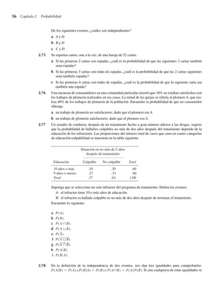 56 Capítulo 2 Probabilidad
De los siguientes eventos, ¿cuáles son independientes?
a A y D
b B y D
c C y D
2.75 Se reparten cartas, una a la vez, de una baraja de 52 cartas.
a Si las primeras 2 cartas son espadas, ¿cuál es la probabilidad de que las siguientes 3 cartas también
sean espadas?
b Si las primeras 3 cartas son todas de espadas, ¿cuál es la probabilidad de que las 2 cartas siguientes
sean también espadas?
c Si las primeras 4 cartas son todas de espadas, ¿cuál es la probabilidad de que la siguiente carta sea
también una espada?
2.76 Una encuesta de consumidores en una comunidad particular mostró que 10% no estaban satisfechos con
los trabajos de plomería realizados en sus casas. La mitad de las quejas se refería al plomero A, que rea-
liza 40% de los trabajos de plomería de la población. Encuentre la probabilidad de que un consumidor
obtenga
a un trabajo de plomería no satisfactorio, dado que el plomero era A.
b un trabajo de plomería satisfactorio, dado que el plomero era A.
2.77 Un estudio de conducta, después de un tratamiento hecho a gran número adictos a las drogas, sugiere
que la probabilidad de hallarlos culpables no más de dos años después del tratamiento depende de la
educación de los infractores. Las proporciones del número total de casos que caen en cuatro categorías
de educación-culpabilidad se muestran en la tabla siguiente:
Situación en no más de 2 años
después de tratamiento
Total
.10 .30 .40
.27 .33 .60
Total .37 .63 1.00
Educación Culpable No culpable
10 años o más
9 años o menos
Suponga que se selecciona un solo infractor del programa de tratamiento. Defina los eventos:
A: el infractor tiene 10 o más años de educación.
B: el infractor es hallado culpable en no más de dos años después de terminar el tratamiento.
Encuentre lo siguiente:
a P(A).
b P(B).
c P(A ∩B).
d P(A ∪B).
e P(A).
f P(A ∪B).
g P(A ∩B).
h P(A B).
i P(B A).
2.78 En la definición de la independencia de dos eventos, nos dan tres igualdades para comprobarlas:
P(A B) = P(A) oP(B A) = P(B) o P(A∩B) = P(A)P(B). Si una cualquiera de estas igualdades se
W-cap-02.indd 56
W-cap-02.indd 56 27/7/09 01:58:21
27/7/09 01:58:21
 