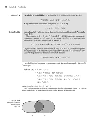 58 Capítulo 2 Probabilidad
TEOREMA 2.6 Ley aditiva de probabilidad La probabilidad de la unión de dos eventos A y B es
P(A ∪B) = P(A) + P(B) − P(A ∩B).
Si A y B son eventos mutuamente excluyentes, P(A ∩ B) = 0 y
P(A ∪B) = P(A) + P(B).
Demostración La prueba de la ley aditiva se puede deducir al inspeccionar el diagrama de Venn de la
Figura 2.10.
Observe que A ∪ B = A ∪(A ∩ B), donde A y (A ∩ B) son eventos mutuamente
excluyentes. Además, B = (A ∩B)∪(A ∩B), donde (A ∩ B) y (A ∩ B) son eventos
mutuamente excluyentes. Entonces, por el Axioma 3,
P(A ∪B) = P(A) + P(A ∩B) y P(B) = P(A ∩B) + P(A ∩B).
LaigualdaddadaaladerechaimplicaqueP(A ∩B) = P(B) − P(A ∩B).Sustituyendo
esta expresión por P(A ∩ B) en la expresión para P(A ∪ B) dada en la ecuación del lado
izquierdo del par anterior, obtenemos el resultado deseado:
P(A ∪B) = P(A) + P(B) − P(A ∩B).
La probabilidad de la unión de tres eventos se puede obtener al hacer uso del Teorema 2.6.
Observe que
P(A ∪B ∪C) = P[A ∪(B ∪C)]
= P(A) + P(B ∪C) − P[A ∩(B ∪C)]
= P(A) + P(B) + P(C) − P(B ∩C) − P[(A ∩B) ∪ (A ∩C)]
= P(A) + P(B) + P(C) − P(B ∩C) − P(A ∩B) − P(A ∩C)
+ P(A ∩B ∩C)
porque (A ∩ B) ∩ (A ∩ C) = A ∩ B ∩ C.
Otro resultado útil que expresa la relación entre la probabilidad de un evento y su comple-
mento se encuentra de inmediato disponible en los axiomas de probabilidad.
F I G U R A 2.10
Diagrama de Venn
para la unión
de A y B
A B
W-cap-02.indd 58
W-cap-02.indd 58 27/7/09 01:58:21
27/7/09 01:58:21
 
