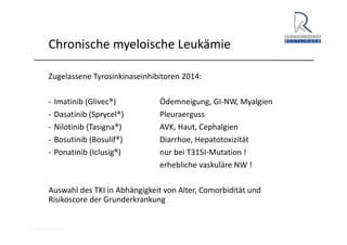 A. Wacker 2014
Chronische myeloische Leukämie
Zugelassene Tyrosinkinaseinhibitoren 2014:
‐ Imatinib (Glivec®) Ödemneigung, GI‐NW, Myalgien
‐ Dasatinib (Sprycel®) Pleuraerguss
‐ Nilotinib (Tasigna®) AVK, Haut, Cephalgien
‐ Bosutinib (Bosulif®) Diarrhoe, Hepatotoxizität
‐ Ponatinib (Iclusig®) nur bei T315I‐Mutation !
erhebliche vaskuläre NW !
Auswahl des TKI in Abhängigkeit von Alter, Comorbidität und 
Risikoscore der Grunderkrankung
 