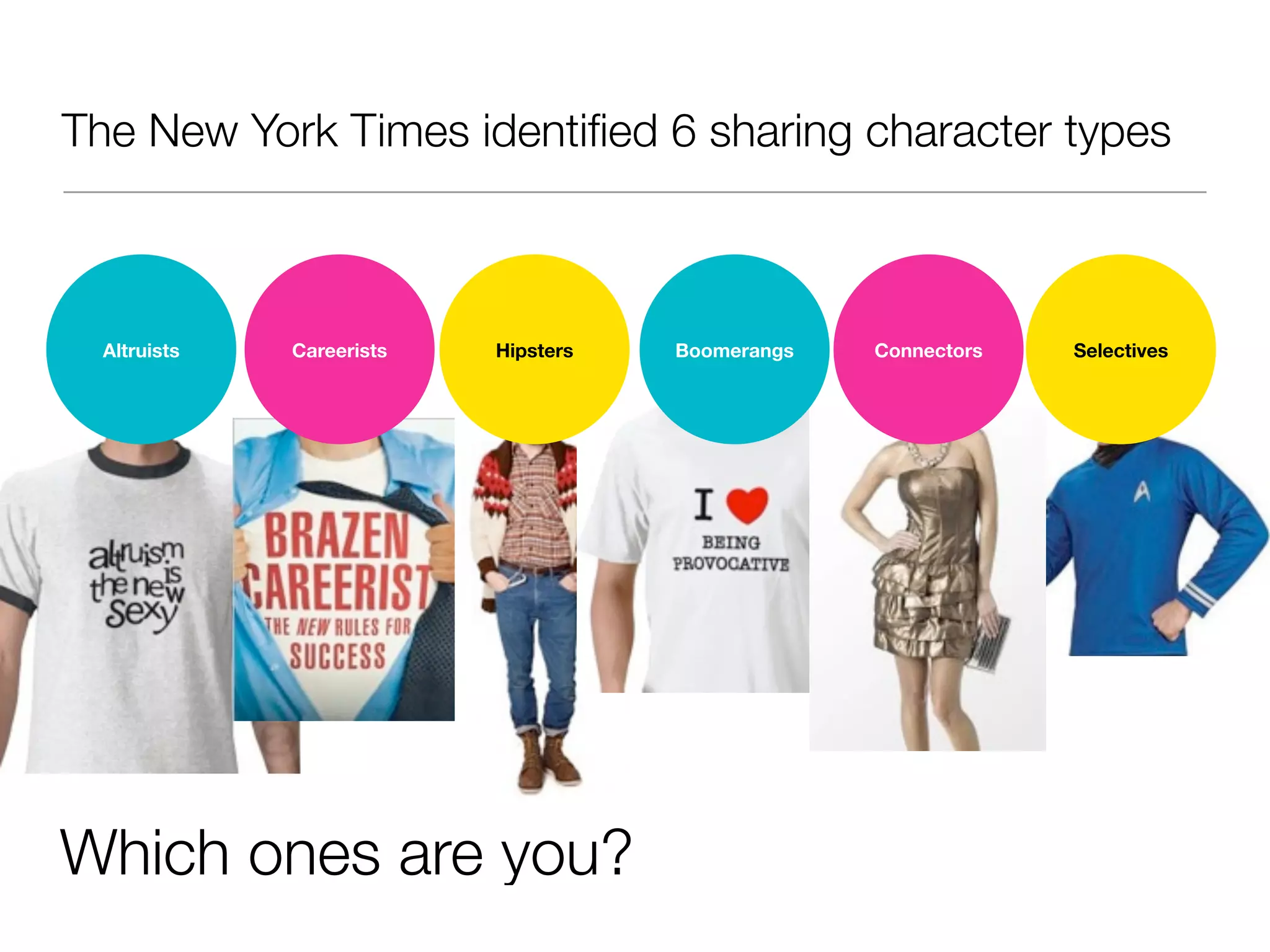 The New York Times identiﬁed 6 sharing character types



  Altruists   Careerists   Hipsters   Boomerangs   Connectors   Selectives




Which ones are you?
 