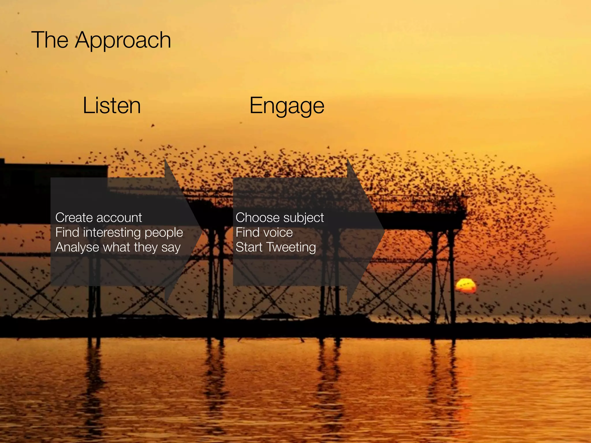 The Approach

      Listen                  Engage



  Create account            Choose subject
  Find interesting people   Find voice
  Analyse what they say     Start Tweeting
 