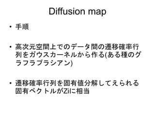 Diffusion map
• 手順
• 高次元空間上でのデータ間の遷移確率行
列をガウスカーネルから作る(ある種のグ
ラフラプラシアン)
• 遷移確率行列を固有値分解してえられる
固有ベクトルがZiに相当
 