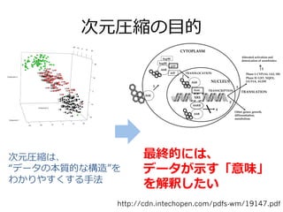 次元圧縮の⽬目的
次元圧縮は、
“データの本質的な構造”を
わかりやすくする⼿手法
http://cdn.intechopen.com/pdfs-wm/19147.pdf
最終的には、
データが⽰示す「意味」
を解釈したい
 