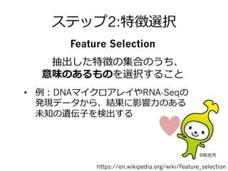 ステップ2:特徴選択
Feature Selection
抽出した特徴の集合のうち、
意味のあるものを選択すること
•  例例：DNAマイクロアレイやRNA-Seqの
発現データから、結果に影響⼒力力のある
未知の遺伝⼦子を検出する
https://en.wikipedia.org/wiki/Feature_selection
©和光市
 