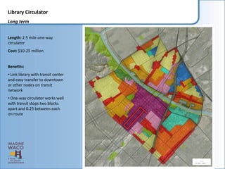 Library Circulator
Long term


Length: 2.5 mile one-way
circulator
Cost: $10-25 million


Benefits:
• Link library with transit center
and easy transfer to downtown
or other nodes on transit
network
• One-way circulator works well
with transit stops two blocks
apart and 0.25 between each
on route
 