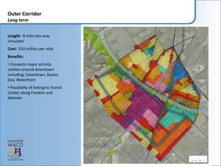 Outer Corridor
Long term


Length: 8 mile two-way
circulator
Cost: $10 million per mile
Benefits:
• Connects major activity
centers around downtown
including; Downtown, Baylor,
Zoo, Waterfront
• Possibility of linking to Transit
Center along Franklin and
Webster
 