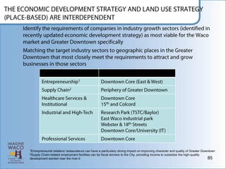 1Entrepreneurial
               retailers/ restaurateurs can have a particularly strong impact on improving character and quality of Greater Downtown
2SupplyChain-related employment facilities can be fiscal winners to the City, providing income to subsidize the high-quality
development wanted near the river.b                                                                                            85
 