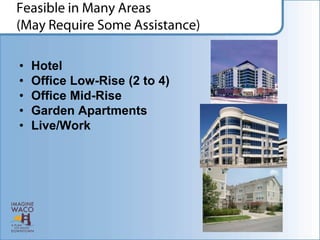 •   Hotel
•   Office Low-Rise (2 to 4)
•   Office Mid-Rise
•   Garden Apartments
•   Live/Work
 