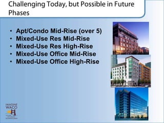 •   Apt/Condo Mid-Rise (over 5)
•   Mixed-Use Res Mid-Rise
•   Mixed-Use Res High-Rise
•   Mixed-Use Office Mid-Rise
•   Mixed-Use Office High-Rise
 