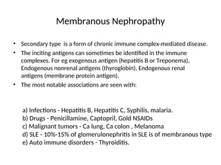 Membranous Nephropathy
• Secondary type is a form of chronic immune complex-mediated disease.
• The inciting antigens can sometimes be identified in the immune
complexes. For eg exogenous antigen (hepatitis B or Treponema),
Endogenous nonrenal antigens (thyroglobin), Endogenous renal
antigens (membrane protein antigen).
• The most notable associations are seen with:
a) Infections - Hepatitis B, Hepatitis C, Syphilis, malaria.
b) Drugs - Penicillamine, Captopril, Gold NSAIDs
c) Malignant tumors - Ca lung, Ca colon , Melanoma
d) SLE - 10%-15% of glomerulonephritis in SLE is of membranous type
e) Auto immune disorders - Thyroiditis.
 