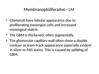 • Glomeruli have lobular appearance due to
proliferating mesengial cells and increased
mesengeal matrix.
• The GBM is thickened, often segmentally.
• The glomerular capillary wall often show a double
contour or tram-track appearance especially evident
in silver or PAS stains. This is caused by splitting of
GBM.
Membranoploliferative - LM
 