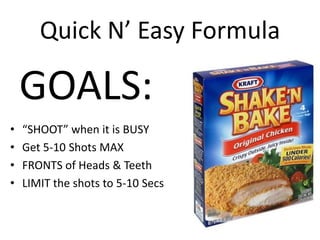 Quick N’ Easy Formula

    GOALS:
•   “SHOOT” when it is BUSY
•   Get 5-10 Shots MAX
•   FRONTS of Heads & Teeth
•   LIMIT the shots to 5-10 Secs
 