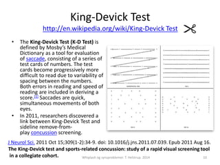 King-Devick Test 
http://en.wikipedia.org/wiki/King-Devick Test 
• The King-Devick Test (K-D Test) is 
defined by Mosby’s Medical 
Dictionary as a tool for evaluation 
of saccade, consisting of a series of 
test cards of numbers. The test 
cards become progressively more 
difficult to read due to variability of 
spacing between the numbers. 
Both errors in reading and speed of 
reading are included in deriving a 
score.[1] Saccades are quick, 
simultaneous movements of both 
eyes. 
• In 2011, researchers discovered a 
link between King-Devick Test and 
sideline remove-from-play 
concussion screening. 
J Neurol Sci. 2011 Oct 15;309(1-2):34-9. doi: 10.1016/j.jns.2011.07.039. Epub 2011 Aug 16. 
The King-Devick test and sports-related concussion: study of a rapid visual screening tool 
in a collegiate cohort. Whiplash og synsproblemer. T. Helstrup. 2014 10 
 