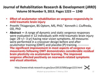 Journal of Rehabilitation Research & Development (JRRD) 
Volume 50 Number 9, 2013. Pages 1223 — 1240 
• Effect of oculomotor rehabilitation on vergence responsivity in 
mild traumatic brain injury 
• Preethi Thiagarajan, BS Optom, MS, PhD;* Kenneth J. Ciuffreda, 
OD, PhD 
• Abstract — A range of dynamic and static vergence responses 
were evaluated in 12 individuals with mild traumatic brain injury 
(age: 29 +/– 3 yr) having near vision symptoms. All measures 
were performed in a crossover design before and after 
oculomotor training (OMT) and placebo (P) training. ----------- 
The significant improvement in most aspects of vergence eye 
movements following OMT demonstrates considerable residual 
brain plasticity via oculomotor learning. The improved 
vergence affected positively on nearwork-related symptoms 
and visual attention. 
http://www.rehab.research.va.gov/jour/2013/509/page1223.html 
Whiplash og synsproblemer. T. Helstrup. 2014 13 
 