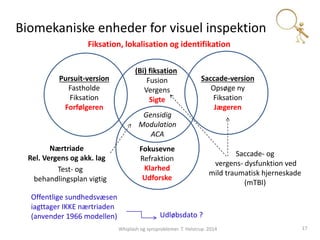 Biomekaniske enheder for visuel inspektion 
Fiksation, lokalisation og identifikation 
(Bi) fiksation 
Fusion 
Vergens 
Sigte 
Gensidig 
Modulation 
ACA 
Fokusevne 
Refraktion 
Klarhed 
Udforske 
Pursuit-version 
Fastholde 
Fiksation 
Forfølgeren 
Saccade-version 
Opsøge ny 
Fiksation 
Jægeren 
Whiplash og synsproblemer. T. Helstrup. 2014 17 
Nærtriade 
Rel. Vergens og akk. lag 
Test- og 
behandlingsplan vigtig 
Saccade- og 
vergens- dysfunktion ved 
mild traumatisk hjerneskade 
(mTBI) 
Offentlige sundhedsvæsen 
iagttager IKKE nærtriaden 
(anvender 1966 modellen) Udløbsdato ? 
 
