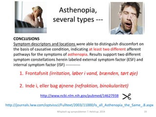 Asthenopia, 
several types --- 
CONCLUSIONS 
Symptom descriptors and locations were able to distinguish discomfort on 
the basis of causative condition, indicating at least two different afferent 
pathways for the symptoms of asthenopia. Results support two different 
symptom constellations herein labeled external symptom factor (ESF) and 
internal symptom factor (ISF) ----------- 
1. Frontafsnit (irritation, løber i vand, brænden, tørt øje) 
2. Inde i, eller bag øjnene (refraktion, binokularitet) 
http://www.ncbi.nlm.nih.gov/pubmed/14627938 
http://journals.lww.com/optvissci/Fulltext/2003/11000/Is_all_Asthenopia_the_Same_.8.aspx 
Whiplash og synsproblemer. T. Helstrup. 2014 19 
 
