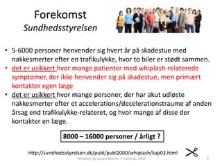 Forekomst 
Sundhedsstyrelsen 
• 5-6000 personer henvender sig hvert år på skadestue med 
nakkesmerter efter en trafikulykke, hvor to biler er stødt sammen. 
• det er usikkert hvor mange patienter med whiplash-relaterede 
symptomer, der ikke henvender sig på skadestue, men primært 
kontakter egen læge 
• det er usikkert hvor mange personer, der har akut udløste 
nakkesmerter efter et accelerations/decelerationstraume af anden 
årsag end trafikulykke-relateret, og hvor mange af disse der 
kontakter en læge. 
8000 – 16000 personer / årligt ? 
http://sundhedsstyrelsen.dk/publ/publ2000/whiplash/kap03.html 
Whiplash og synsproblemer. T. Helstrup. 2014 4 
 