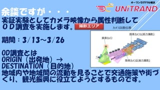 余談ですが・・・
実証実験としてカメラ映像から属性判断して
ＯＤ調査を実施します。
期間：3/13～3/26
OD調査とは
ORIGIN（出発地）→
DESTINATION（目的地）
地域内や地域間の流動を見ることで交通施策や街づ
くり、観光振興に役立てようとするものです。
オープンでGTFSな横浜
 