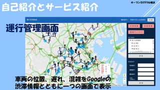 車両の位置、遅れ、混雑をGoogleの
渋滞情報とともに一つの画面で表示
自己紹介とサービス紹介
運行管理画面
オープンでGTFSな横浜
 