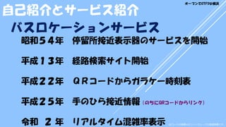 バスロケーションサービス
昭和５４年 停留所接近表示器のサービスを開始
平成１３年 経路検索サイト開始
平成２２年 ＱＲコードからガラケー時刻表
平成２５年 手のひら接近情報（のちにQRコードからリンク）
令和 ２ 年 リアルタイム混雑率表示 QRコードの商標はデンソーウェーブの登録商標です。
自己紹介とサービス紹介
オープンでGTFSな横浜
 