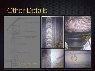 Other Details
External wall section Ring in the courtyard
to tie horse
Niche in the wall
Wooden
Door Frame
Wooden battens
supporting
Upper Floor
Stone base
supporting
wooden pillar
 