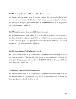  
	
  
	
   303	
  
22.3.2 Anastasiya Bazdyreva (400m and 800m Russian runner)
Ms. Bazdyreva is the subject of an IC sanction package that was submitted to WADA
and has been submitted by WADA to the IAAF with a recommendation for a lifetime
ban from sport. This package was forwarded by the IAAF to ARAF on 08 August 2015
(for more details see Chapter 18).
22.3.3 Mariya Savinova- Farnosova (800m Russian runner)
Ms. Savinova-Farnosova is the subject of an IC sanction package that was submitted to
WADA and has been submitted by WADA to the IAAF with a recommendation for a
lifetime ban from sport. This package was forwarded by the IAAF to ARAF on 08
August 2015 (for more details see Chapter 18).
22.3.4 Kristina Ugarova (1500m Russian runner)
Ms. Ugarova is the subject of an IC sanction package that was submitted to WADA and
has been submitted by WADA to the IAAF with a recommendation for a lifetime ban
from sport. This package was forwarded by the IAAF to ARAF on 08 August 2015 (for
more details see Chapter 18).
22.3.5 Tatjana Myazina (800m Russian runner)
Ms. Myazina is the subject of an IC sanction package that was submitted to WADA and
has been submitted by WADA to the IAAF with a recommendation for a lifetime ban
from sport (for more details see Chapter 18).
 
