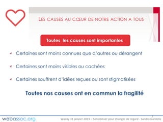 Waday	31	janvier	2019	– Sensibiliser	pour	changer	de	regard	- Sandra	Gardelle
LES CAUSES AU CŒUR DE NOTRE ACTION A TOUS
Toutes les causes sont importantes
Certaines sont moins connues que d’autres ou dérangent
Certaines sont moins visibles ou cachées
Certaines souffrent d’idées reçues ou sont stigmatisées
Toutes nos causes ont en commun la fragilité
2
 