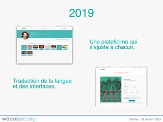 25	janvier	2018	– #WAdayWAday	- 31	janvier	2019
2019
Une plateforme qui
s’ajuste à chacun.
Traduction de la langue
et des interfaces.
 