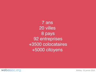 25	janvier	2018	– #WAdayWAday	- 31	janvier	2019
7 ans
20 villes
8 pays
92 entreprises
+3500 colocataires
+5000 citoyens
 