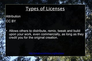 Types of Licenses Attribution CC BY Allows others to distribute, remix, tweak and build upon your work, even commercially, as long as they credit you for the original creation. http://creativecommons.org/licenses/ 