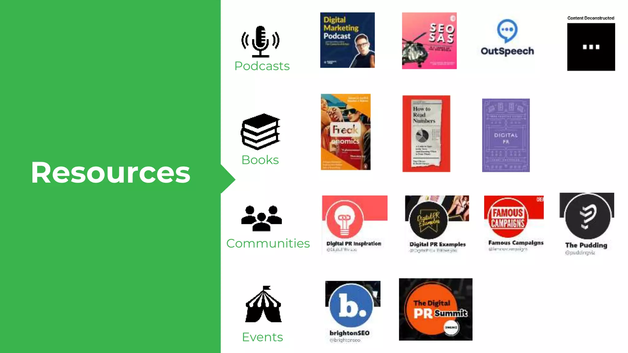 Resources
Podcasts
Communities
Books
Events
 