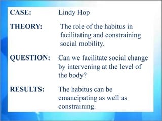 CASE:       Lindy Hop
THEORY:     The role of the habitus in
            facilitating and constraining
            social mobility.
QUESTION:   Can we facilitate social change
            by intervening at the level of
            the body?
RESULTS:    The habitus can be
            emancipating as well as
            constraining.
 