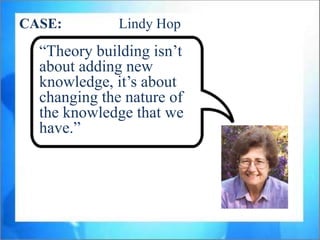 CASE:         Lindy Hop
  “Theory building isn‟t
  about adding new
  knowledge, it‟s about
  changing the nature of
  the knowledge that we
  have.”
 