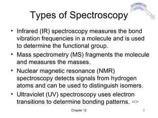 Chapter 12 3
Types of Spectroscopy
• Infrared (IR) spectroscopy measures the bond
vibration frequencies in a molecule and is used
to determine the functional group.
• Mass spectrometry (MS) fragments the molecule
and measures the masses.
• Nuclear magnetic resonance (NMR)
spectroscopy detects signals from hydrogen
atoms and can be used to distinguish isomers.
• Ultraviolet (UV) spectroscopy uses electron
transitions to determine bonding patterns. =>
 