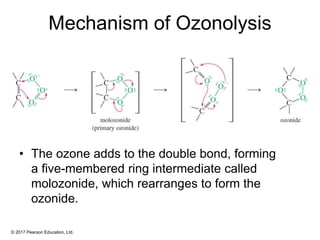 © 2017 Pearson Education, Ltd.
• The ozone adds to the double bond, forming
a five-membered ring intermediate called
molozonide, which rearranges to form the
ozonide.
Mechanism of Ozonolysis
 