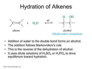 © 2017 Pearson Education, Ltd.
Hydration of Alkenes
• Addition of water to the double bond forms an alcohol.
• The addition follows Markovnikov’s rule.
• This is the reverse of the dehydration of alcohol.
• It uses dilute solutions of H2SO4 or H3PO4 to drive
equilibrium toward hydration.
 